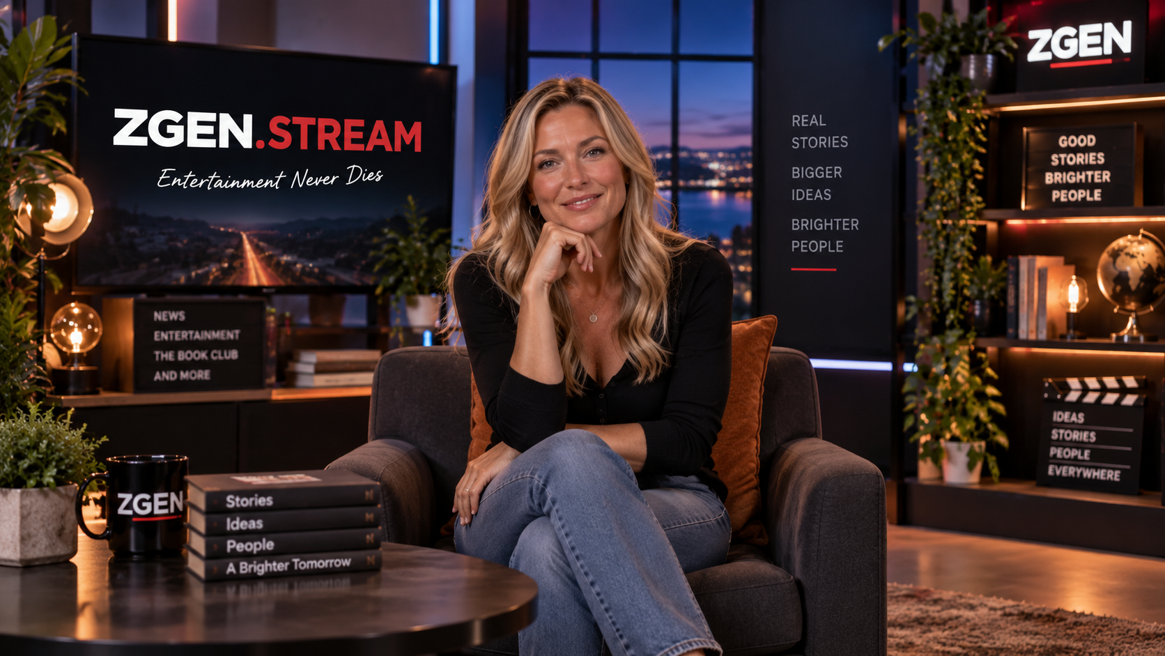 ZGEN.STREAM presenter seated in the studio, with the words Entertainment Never Dies on the screen